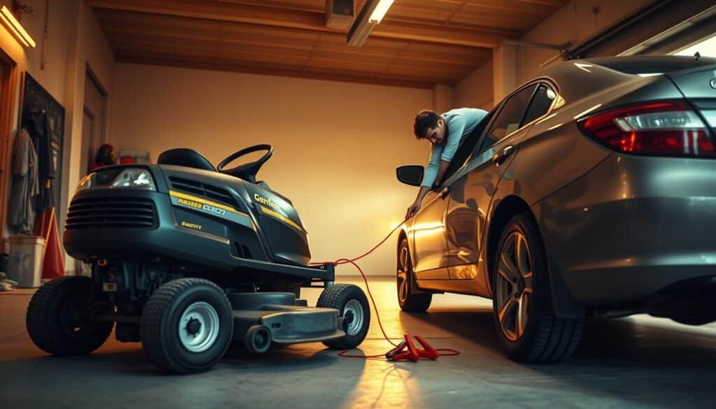 A riding mower parked in a well-lit garage, its engine lifeless. A car with jumper cables extends from the mower, the driver's door open as they prepare to jumpstart the mower. The scene is captured with a wide-angle lens, emphasizing the contrast between the small mower and the larger car. Warm, golden lighting casts a cozy, practical atmosphere, as the person leans in to bridge the connection between the vehicles. The focus is sharp on the key elements, with a soft, blurred background providing context without distraction. An image that visually answers the question of whether a car can jumpstart a riding mower. A riding mower parked in a well-lit garage, its engine lifeless. A car with jumper cables extends from the mower, the driver's door open as they prepare to jumpstart the mower. The scene is captured with a wide-angle lens, emphasizing the contrast between the small mower and the larger car. Warm, golden lighting casts a cozy, practical atmosphere, as the person leans in to bridge the connection between the vehicles. The focus is sharp on the key elements, with a soft, blurred background providing context without distraction. An image that visually answers the question of whether a car can jumpstart a riding mower.