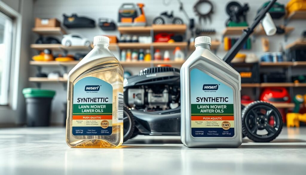 A side-by-side comparison of synthetic and conventional lawn mower oils in a well-lit, clean workshop setting. In the foreground, two transparent bottles filled with the respective oils are prominently displayed, their labels clearly visible. In the middle ground, a high-quality push lawn mower is positioned, its engine exposed, showcasing the importance of using the right oil for optimal performance. The background features a wall of shelves stocked with various automotive and gardening supplies, creating a professional and informative atmosphere. Crisp focus, neutral color palette, and natural lighting convey a sense of authority and attention to detail. A side-by-side comparison of synthetic and conventional lawn mower oils in a well-lit, clean workshop setting. In the foreground, two transparent bottles filled with the respective oils are prominently displayed, their labels clearly visible. In the middle ground, a high-quality push lawn mower is positioned, its engine exposed, showcasing the importance of using the right oil for optimal performance. The background features a wall of shelves stocked with various automotive and gardening supplies, creating a professional and informative atmosphere. Crisp focus, neutral color palette, and natural lighting convey a sense of authority and attention to detail.