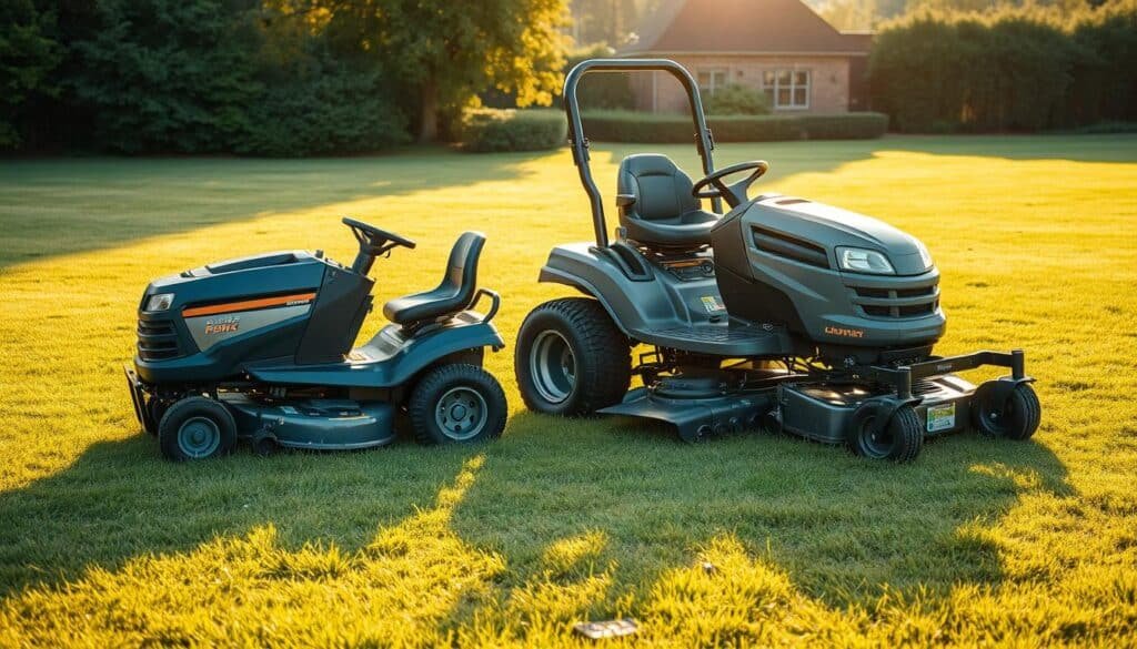 A sprawling lawn with a riding mower and a push mower parked side by side, illuminated by warm afternoon sunlight. The riding mower, larger and more powerful, stands in contrast to the compact, maneuverable push mower. The scene captures the essence of the comparison, with the vehicles reflecting their respective fuel consumption characteristics. Detailed textures, such as the gleaming metal bodies, rugged tires, and well-manicured grass, add depth and realism. The composition emphasizes the scale and capabilities of each mower, inviting the viewer to imagine their practical applications and operational costs. A sprawling lawn with a riding mower and a push mower parked side by side, illuminated by warm afternoon sunlight. The riding mower, larger and more powerful, stands in contrast to the compact, maneuverable push mower. The scene captures the essence of the comparison, with the vehicles reflecting their respective fuel consumption characteristics. Detailed textures, such as the gleaming metal bodies, rugged tires, and well-manicured grass, add depth and realism. The composition emphasizes the scale and capabilities of each mower, inviting the viewer to imagine their practical applications and operational costs.