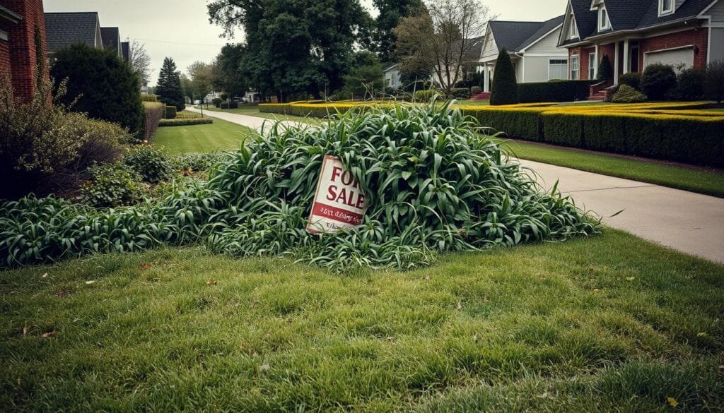 A sprawling, overgrown lawn, lush with untamed grass and weeds, dominates the foreground. Tangled foliage spills over the property's edges, encroaching onto the sidewalk. In the middle ground, a weathered "For Sale" sign leans crookedly, partially obscured by the unruly vegetation. The background reveals a well-manicured neighborhood, with trim hedges and neatly trimmed lawns, creating a stark contrast. Muted, overcast lighting casts a somber tone, as if the uncared-for yard is a blight upon the otherwise pristine street. The composition conveys a sense of neglect and a lack of civic pride, setting the stage for the viewer to ponder the question: "Can You Report Someone for Not Mowing Their Lawn?" A sprawling, overgrown lawn, lush with untamed grass and weeds, dominates the foreground. Tangled foliage spills over the property's edges, encroaching onto the sidewalk. In the middle ground, a weathered "For Sale" sign leans crookedly, partially obscured by the unruly vegetation. The background reveals a well-manicured neighborhood, with trim hedges and neatly trimmed lawns, creating a stark contrast. Muted, overcast lighting casts a somber tone, as if the uncared-for yard is a blight upon the otherwise pristine street. The composition conveys a sense of neglect and a lack of civic pride, setting the stage for the viewer to ponder the question: "Can You Report Someone for Not Mowing Their Lawn?"