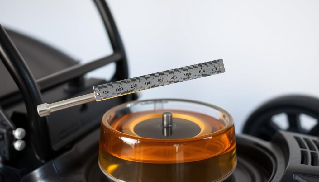 A stainless steel dipstick measuring the clear, amber-colored engine oil in the transparent reservoir of a push lawn mower. The dipstick is held at a slight angle, revealing the oil level markings in milliliters and liters. The mower is set against a plain, light-colored background with soft, directional lighting from the side, casting subtle shadows and highlights to emphasize the mechanics and textures. The scene conveys a sense of precise measurement and attention to detail, perfectly suited to illustrate the section on determining a lawn mower's oil capacity. A stainless steel dipstick measuring the clear, amber-colored engine oil in the transparent reservoir of a push lawn mower. The dipstick is held at a slight angle, revealing the oil level markings in milliliters and liters. The mower is set against a plain, light-colored background with soft, directional lighting from the side, casting subtle shadows and highlights to emphasize the mechanics and textures. The scene conveys a sense of precise measurement and attention to detail, perfectly suited to illustrate the section on determining a lawn mower's oil capacity.