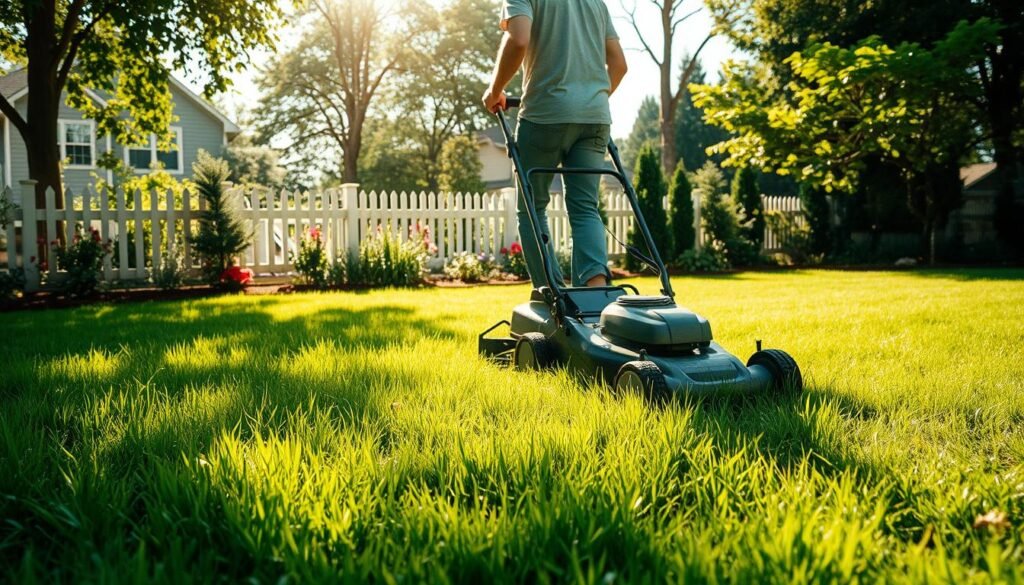 A sun-dappled backyard, the lush grass still wet from a recent shower. In the foreground, a person in casual attire skillfully navigates a lawn mower, expertly managing the fresh grass clippings. The mower's blades effortlessly cut through the damp greenery, leaving behind a neatly manicured path. The middle ground reveals a well-tended garden, its vibrant hues complementing the verdant lawn. In the background, a picket fence and a row of mature trees provide a sense of tranquility and seclusion, creating an idyllic suburban scene. Soft, natural lighting casts a warm glow, enhancing the serene atmosphere and the satisfying task of maintaining a healthy, thriving lawn.