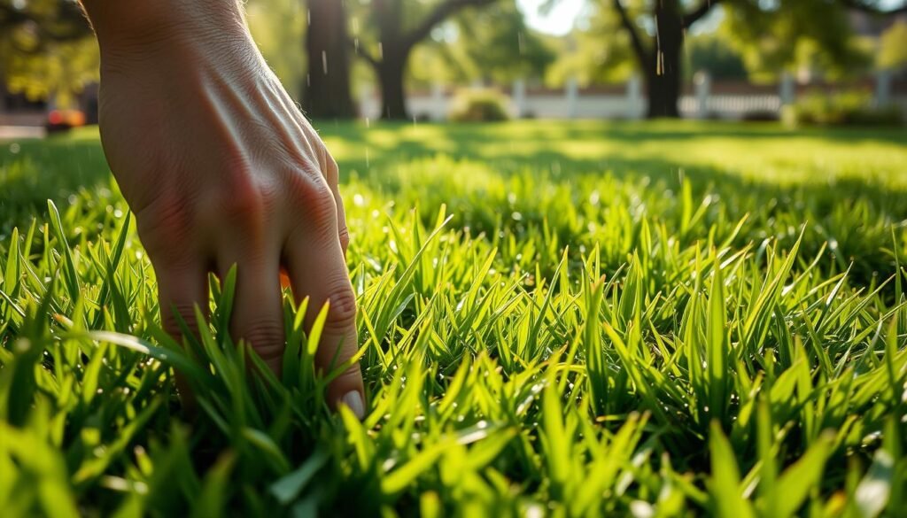 A sun-dappled lawn, freshly dampened by a gentle rain shower. Close-up view of a hand pressing into the lush, emerald grass, testing the soil's moisture level. Vibrant blades spring back, indicating the optimal mowing time has arrived. Dappled light filters through nearby trees, casting warm, natural shadows across the scene. The air is crisp and earthy, hinting at the verdant growth to come. Shallow depth of field focuses attention on the tactile experience of assessing lawn readiness after the rain, conveying the importance of timing for ideal mowing conditions. A sun-dappled lawn, freshly dampened by a gentle rain shower. Close-up view of a hand pressing into the lush, emerald grass, testing the soil's moisture level. Vibrant blades spring back, indicating the optimal mowing time has arrived. Dappled light filters through nearby trees, casting warm, natural shadows across the scene. The air is crisp and earthy, hinting at the verdant growth to come. Shallow depth of field focuses attention on the tactile experience of assessing lawn readiness after the rain, conveying the importance of timing for ideal mowing conditions.