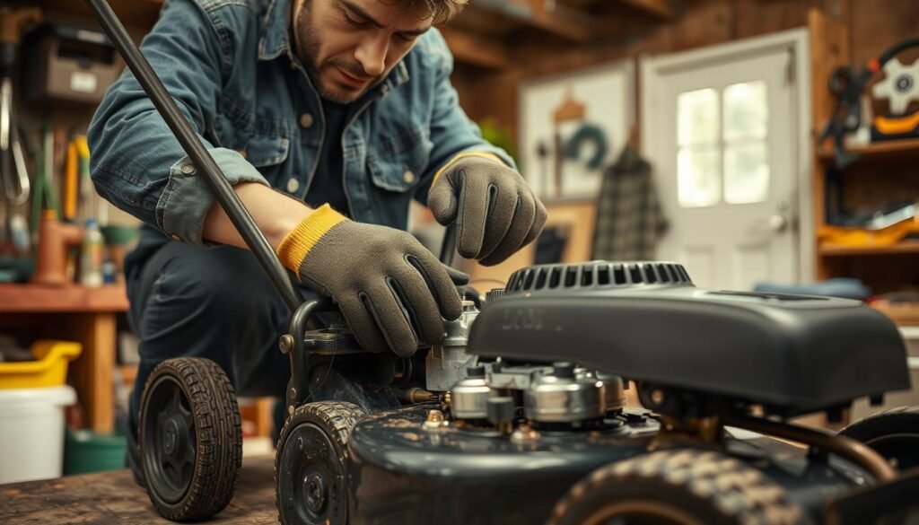 A well-lit, close-up shot of a person in a denim jacket and work gloves, carefully inspecting and cleaning the various components of a lawnmower on a workbench. In the background, a shed or garage with various gardening tools and supplies. The expression on the person's face conveys focus and attention to detail as they ensure the lawnmower is in proper working order, ready for safe and efficient use. The image has a sense of order and organization, reflecting the care and preparation required for responsible lawn maintenance. A well-lit, close-up shot of a person in a denim jacket and work gloves, carefully inspecting and cleaning the various components of a lawnmower on a workbench. In the background, a shed or garage with various gardening tools and supplies. The expression on the person's face conveys focus and attention to detail as they ensure the lawnmower is in proper working order, ready for safe and efficient use. The image has a sense of order and organization, reflecting the care and preparation required for responsible lawn maintenance.