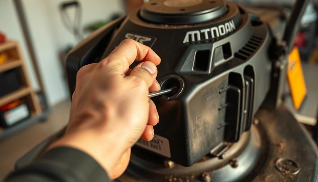 A well-lit, close-up shot of a person's hand checking the oil level in a lawn mower's dipstick. The mower engine is visible in the background, with a clean and organized garage setting. The lighting is warm and natural, creating a clear and focused image. The person's fingers are gently gripping the dipstick, carefully inspecting the oil level. The scene conveys a sense of routine maintenance, emphasizing the importance of regularly checking and changing lawn mower oil for optimal performance and longevity.