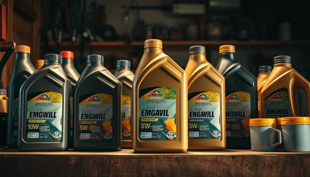 A well-lit, close-up shot of various engine oil bottles and containers neatly arranged on a wooden workbench. The bottles feature different viscosity grades and oil types, such as 10W-30, 5W-30, and synthetic blends. The lighting creates warm, soft shadows, highlighting the textured surfaces and reflective labels. The composition draws the viewer's eye to the center, where a few selected oil bottles are prominently displayed, inviting the viewer to closely inspect and compare the options. The overall mood is one of thoughtful consideration, guiding the viewer towards making an informed decision on the right oil type for their lawn mower. A well-lit, close-up shot of various engine oil bottles and containers neatly arranged on a wooden workbench. The bottles feature different viscosity grades and oil types, such as 10W-30, 5W-30, and synthetic blends. The lighting creates warm, soft shadows, highlighting the textured surfaces and reflective labels. The composition draws the viewer's eye to the center, where a few selected oil bottles are prominently displayed, inviting the viewer to closely inspect and compare the options. The overall mood is one of thoughtful consideration, guiding the viewer towards making an informed decision on the right oil type for their lawn mower.