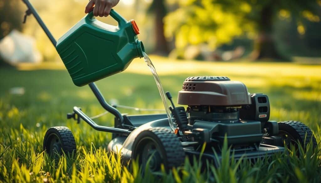 A well-lit closeup of a gasoline canister being poured into the fuel tank of a classic lawn mower, showcasing the process of refueling the machine. The mower is situated in a lush green lawn, with sunlight filtering through trees in the background, creating a warm, natural atmosphere. The image captures the essential steps involved in maintaining a lawn mower, with attention to the fuel requirements and the importance of using the appropriate fuel type for optimal performance. A well-lit closeup of a gasoline canister being poured into the fuel tank of a classic lawn mower, showcasing the process of refueling the machine. The mower is situated in a lush green lawn, with sunlight filtering through trees in the background, creating a warm, natural atmosphere. The image captures the essential steps involved in maintaining a lawn mower, with attention to the fuel requirements and the importance of using the appropriate fuel type for optimal performance.