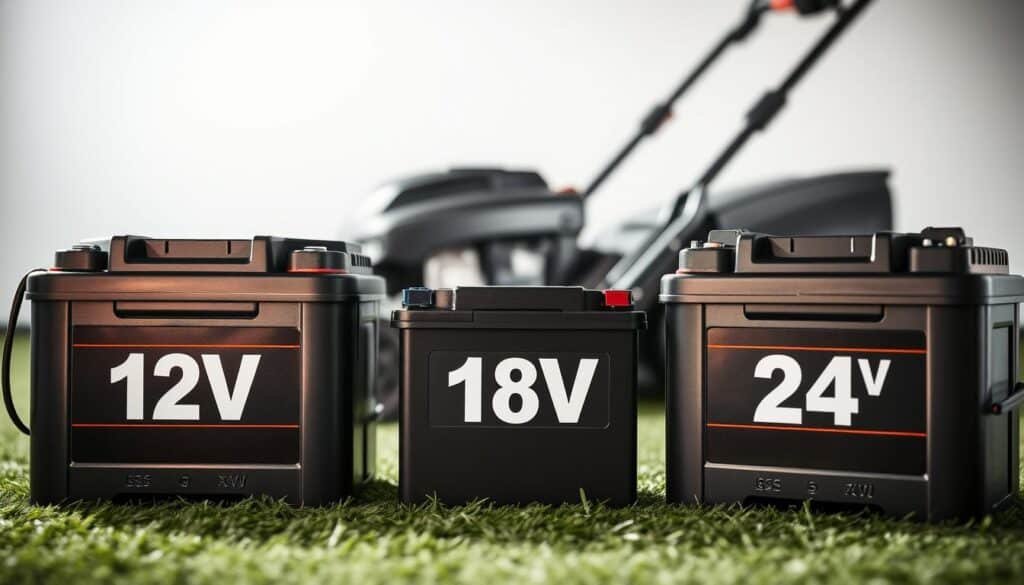 A well-lit, detailed comparison of lawn mower battery voltages, showcasing different battery types side-by-side. In the foreground, three batteries - 12V, 18V, and 24V - are displayed prominently, allowing for a clear visual assessment of their voltage differences. The middle ground features a sleek, modern lawn mower, hinting at the power these batteries provide. The background is a clean, minimalist space, allowing the batteries and lawn mower to take center stage. The image is captured at a slight angle, creating depth and emphasizing the technical nature of the subject. Overall, the scene conveys a sense of precision, highlighting the importance of understanding lawn mower battery voltages. A well-lit, detailed comparison of lawn mower battery voltages, showcasing different battery types side-by-side. In the foreground, three batteries - 12V, 18V, and 24V - are displayed prominently, allowing for a clear visual assessment of their voltage differences. The middle ground features a sleek, modern lawn mower, hinting at the power these batteries provide. The background is a clean, minimalist space, allowing the batteries and lawn mower to take center stage. The image is captured at a slight angle, creating depth and emphasizing the technical nature of the subject. Overall, the scene conveys a sense of precision, highlighting the importance of understanding lawn mower battery voltages.