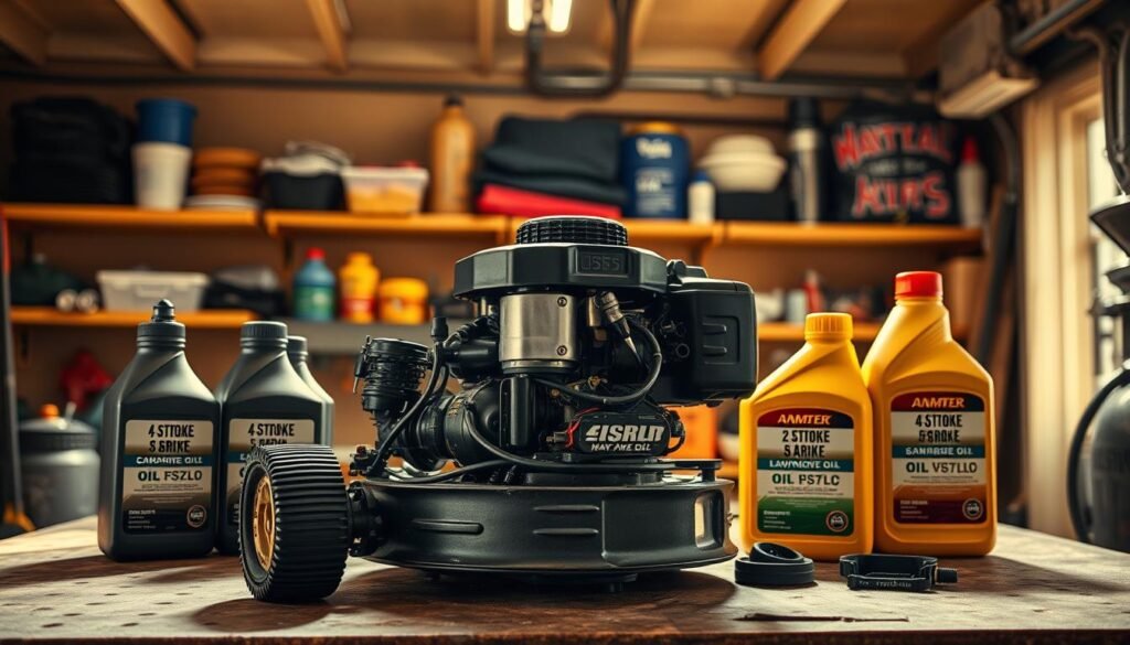 A well-lit garage interior, with a workbench displaying an array of lawn mower oils in various containers. In the foreground, a medium-sized lawn mower engine sits disassembled, revealing its inner components. Surrounding the engine are several labeled bottles of 4-stroke and 2-stroke lawn mower oils, each with their own viscosity and additive specifications. The lighting casts warm, natural shadows, highlighting the textures and details of the engine parts and oil containers. The overall atmosphere conveys a sense of thoughtful consideration and DIY expertise as the viewer contemplates the optimal oil choice for their lawn mower. A well-lit garage interior, with a workbench displaying an array of lawn mower oils in various containers. In the foreground, a medium-sized lawn mower engine sits disassembled, revealing its inner components. Surrounding the engine are several labeled bottles of 4-stroke and 2-stroke lawn mower oils, each with their own viscosity and additive specifications. The lighting casts warm, natural shadows, highlighting the textures and details of the engine parts and oil containers. The overall atmosphere conveys a sense of thoughtful consideration and DIY expertise as the viewer contemplates the optimal oil choice for their lawn mower.