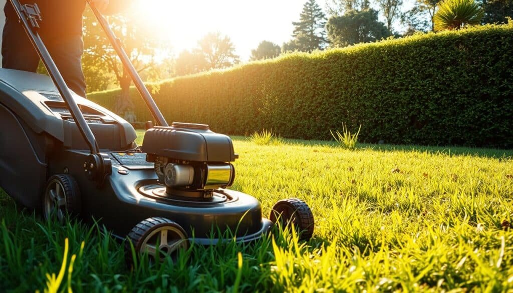 A well-lit garden scene, the sun's golden rays filtering through lush greenery. In the foreground, a sturdy lawn mower stands ready, its blades gleaming, freshly sharpened and oiled. The operator's hands carefully inspect the machine, ensuring it is in optimal working condition before the first lawn cut of the season. In the middle ground, a lush, recently seeded lawn awaits its inaugural trim, the blades of grass standing tall and vibrant. The background features a neatly trimmed hedge, its pristine edges framing the scene, conveying a sense of order and attention to detail. The overall mood is one of anticipation and preparation, a prelude to the verdant, well-manicured lawn to come. A well-lit garden scene, the sun's golden rays filtering through lush greenery. In the foreground, a sturdy lawn mower stands ready, its blades gleaming, freshly sharpened and oiled. The operator's hands carefully inspect the machine, ensuring it is in optimal working condition before the first lawn cut of the season. In the middle ground, a lush, recently seeded lawn awaits its inaugural trim, the blades of grass standing tall and vibrant. The background features a neatly trimmed hedge, its pristine edges framing the scene, conveying a sense of order and attention to detail. The overall mood is one of anticipation and preparation, a prelude to the verdant, well-manicured lawn to come.