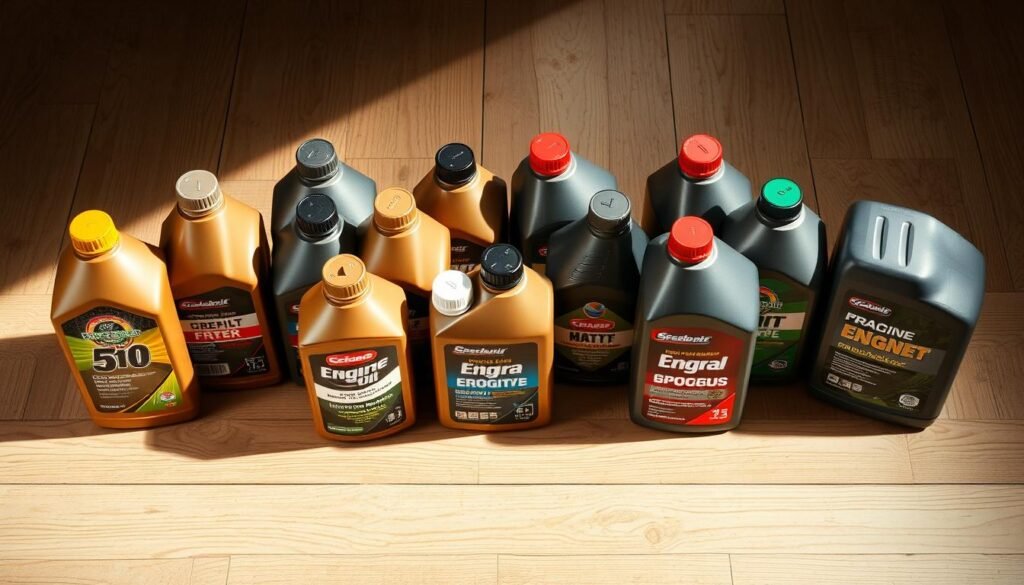 A well-lit, high-angle studio shot of various engine oil bottles and cans neatly arranged on a wooden surface. The bottles feature prominent labels displaying the oil type, viscosity, and other technical specifications. The scene has a clean, organized, and informative aesthetic, highlighting the diverse range of lawn mower oil options available to the consumer. Soft shadows and diffused lighting create depth and emphasize the textural details of the containers. The overall composition conveys a sense of authority and expertise on the topic of lawn mower oil types. A well-lit, high-angle studio shot of various engine oil bottles and cans neatly arranged on a wooden surface. The bottles feature prominent labels displaying the oil type, viscosity, and other technical specifications. The scene has a clean, organized, and informative aesthetic, highlighting the diverse range of lawn mower oil options available to the consumer. Soft shadows and diffused lighting create depth and emphasize the textural details of the containers. The overall composition conveys a sense of authority and expertise on the topic of lawn mower oil types.