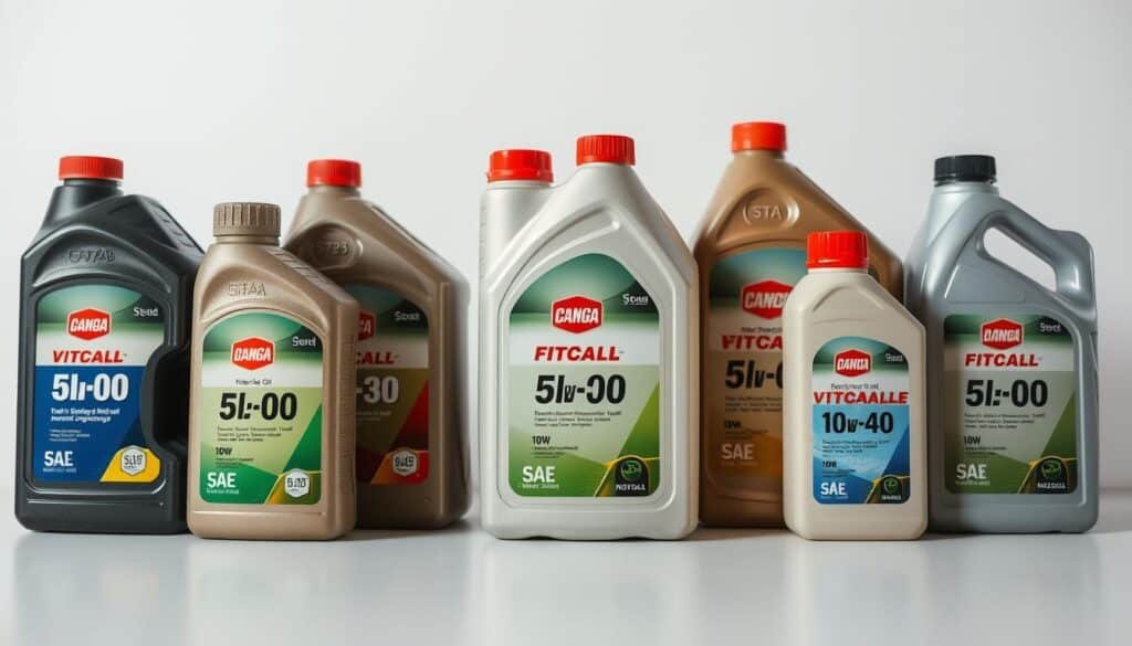 A well-lit, high-quality close-up photograph of different types of motor oil bottles and containers arranged neatly on a clean, plain background. The bottles should display a range of SAE viscosity ratings commonly used for lawn mower engines, such as 10W-30, 5W-30, and 10W-40. The lighting should be soft and diffused to showcase the color and clarity of the oils. The overall composition should have a clean, professional aesthetic suitable for an informative article about lawn mower oil specifications.