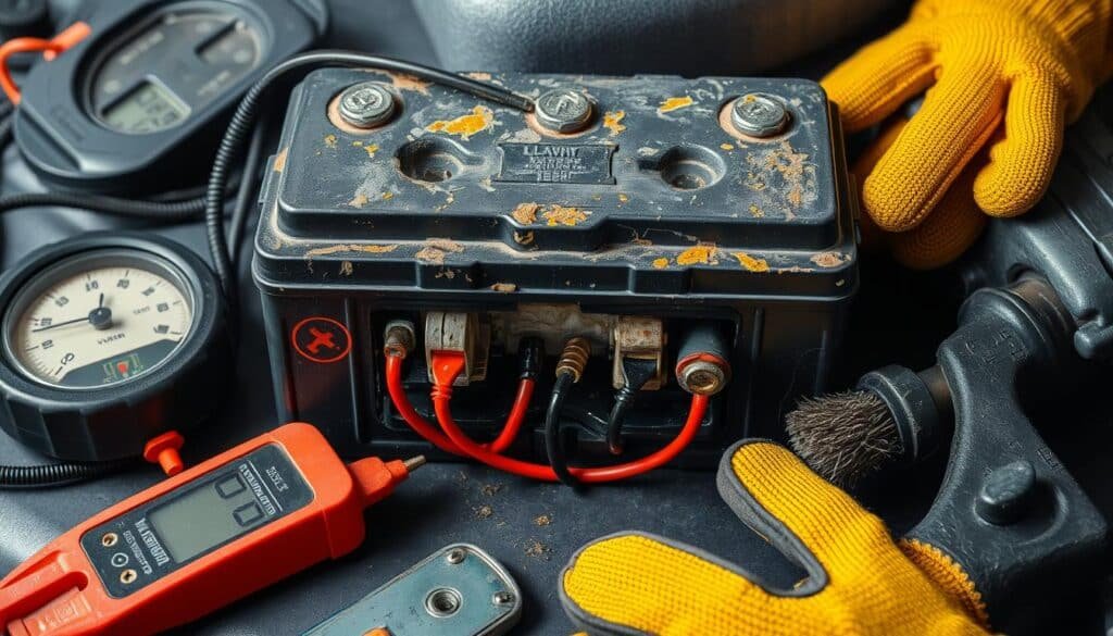 A well-lit, high-resolution close-up shot of a lawn mower battery, its terminals and connections exposed, surrounded by a neatly organized array of maintenance tools such as a voltmeter, wire brush, and protective gloves. The battery's surface shows a slight patina of corrosion, indicating the need for cleaning and care. The image conveys a sense of meticulous attention to detail and the importance of proper battery maintenance for reliable lawn mower performance. A well-lit, high-resolution close-up shot of a lawn mower battery, its terminals and connections exposed, surrounded by a neatly organized array of maintenance tools such as a voltmeter, wire brush, and protective gloves. The battery's surface shows a slight patina of corrosion, indicating the need for cleaning and care. The image conveys a sense of meticulous attention to detail and the importance of proper battery maintenance for reliable lawn mower performance.