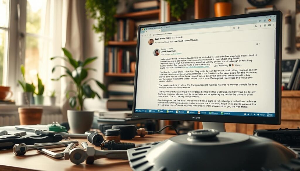 A well-lit, high-resolution image of an online forum discussion thread about lawn mower blade threads, with a focus on the topic of reverse thread bolts. The foreground shows a computer monitor displaying a detailed forum post, with users actively debating the technical aspects of mower blade hardware. The middle ground features various tools and equipment commonly used for lawn mower maintenance, such as wrenches, screwdrivers, and a disassembled mower blade. The background depicts a cozy home office setting, with bookshelves, plants, and a warm, natural lighting that creates a contemplative atmosphere. The overall scene conveys a sense of technical expertise and a community of lawn care enthusiasts engaged in a thoughtful discussion. A well-lit, high-resolution image of an online forum discussion thread about lawn mower blade threads, with a focus on the topic of reverse thread bolts. The foreground shows a computer monitor displaying a detailed forum post, with users actively debating the technical aspects of mower blade hardware. The middle ground features various tools and equipment commonly used for lawn mower maintenance, such as wrenches, screwdrivers, and a disassembled mower blade. The background depicts a cozy home office setting, with bookshelves, plants, and a warm, natural lighting that creates a contemplative atmosphere. The overall scene conveys a sense of technical expertise and a community of lawn care enthusiasts engaged in a thoughtful discussion.