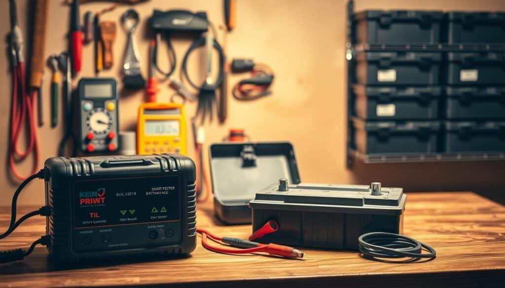 A well-lit tabletop scene showcasing the essential items for smart battery charging. In the foreground, a riding mower battery charger with LED indicators and adjustable settings sits atop a wooden surface. Behind it, an array of battery care tools - a multimeter, battery tester, wire brush, and terminal cleaner - are neatly arranged. The middle ground features a riding mower battery in an open case, its terminals exposed. In the background, a wall-mounted battery storage rack holds additional batteries in an orderly fashion. The lighting is warm and natural, creating a sense of functionality and organization. The overall composition conveys the importance of proper battery maintenance and smart charging practices for riding mowers. A well-lit tabletop scene showcasing the essential items for smart battery charging. In the foreground, a riding mower battery charger with LED indicators and adjustable settings sits atop a wooden surface. Behind it, an array of battery care tools - a multimeter, battery tester, wire brush, and terminal cleaner - are neatly arranged. The middle ground features a riding mower battery in an open case, its terminals exposed. In the background, a wall-mounted battery storage rack holds additional batteries in an orderly fashion. The lighting is warm and natural, creating a sense of functionality and organization. The overall composition conveys the importance of proper battery maintenance and smart charging practices for riding mowers.