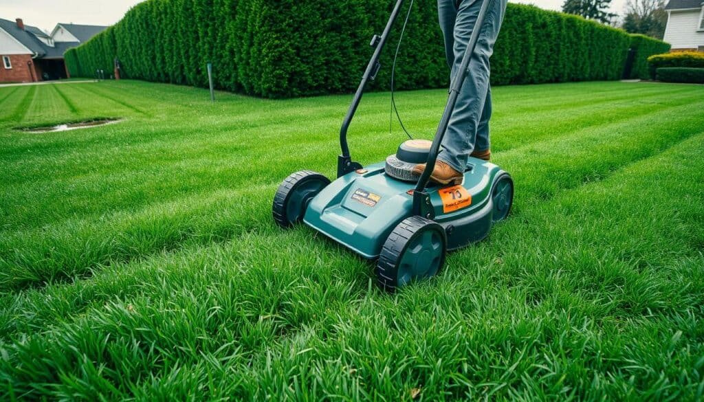 A well-lit, wide-angle photograph of a person mowing a lush, verdant lawn on an overcast day after recent rain. The grass glistens with moisture, and the mower's wheels leave behind distinct tracks in the damp turf. The person, dressed in sturdy workwear, maintains a safe distance from the mower's blades, demonstrating proper mowing techniques for wet conditions. The background features a neatly trimmed hedge and a few scattered puddles, conveying the challenges of mowing in wet weather. The overall scene evokes a sense of caution and responsible lawn care. A well-lit, wide-angle photograph of a person mowing a lush, verdant lawn on an overcast day after recent rain. The grass glistens with moisture, and the mower's wheels leave behind distinct tracks in the damp turf. The person, dressed in sturdy workwear, maintains a safe distance from the mower's blades, demonstrating proper mowing techniques for wet conditions. The background features a neatly trimmed hedge and a few scattered puddles, conveying the challenges of mowing in wet weather. The overall scene evokes a sense of caution and responsible lawn care.