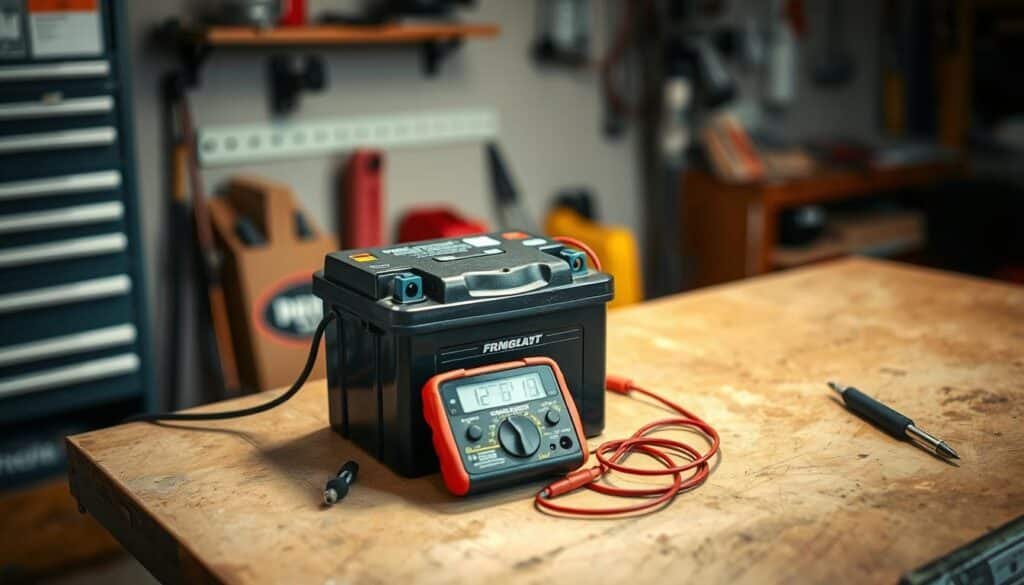 A well-lit workbench with a lawn mower battery and a multimeter at the center. The battery is positioned prominently, with the multimeter probes making contact to measure the voltage. The background has a neutral tone, with just enough details to suggest a professional workshop setting. Soft shadows and highlights create depth and emphasize the technical nature of the scene. The overall mood is one of precision and focus, reflecting the importance of proper battery maintenance for optimal lawn mower performance. A well-lit workbench with a lawn mower battery and a multimeter at the center. The battery is positioned prominently, with the multimeter probes making contact to measure the voltage. The background has a neutral tone, with just enough details to suggest a professional workshop setting. Soft shadows and highlights create depth and emphasize the technical nature of the scene. The overall mood is one of precision and focus, reflecting the importance of proper battery maintenance for optimal lawn mower performance.