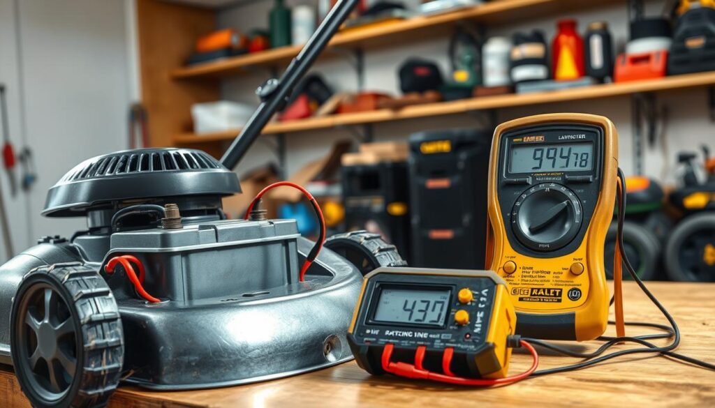 A well-lit workshop interior with a lawn mower and a multimeter positioned on a workbench. The lawn mower's battery terminals are exposed, and the multimeter's probes are connected, displaying voltage readings on the digital display. Bright, focused light illuminates the scene, casting subtle shadows and highlighting the metallic surfaces. The background features shelves with various tools and lawn care equipment, creating a professional, technical atmosphere. The composition emphasizes the interplay between the lawn mower, multimeter, and the detailed voltage readings, conveying the process of interpreting battery voltage levels. A well-lit workshop interior with a lawn mower and a multimeter positioned on a workbench. The lawn mower's battery terminals are exposed, and the multimeter's probes are connected, displaying voltage readings on the digital display. Bright, focused light illuminates the scene, casting subtle shadows and highlighting the metallic surfaces. The background features shelves with various tools and lawn care equipment, creating a professional, technical atmosphere. The composition emphasizes the interplay between the lawn mower, multimeter, and the detailed voltage readings, conveying the process of interpreting battery voltage levels.