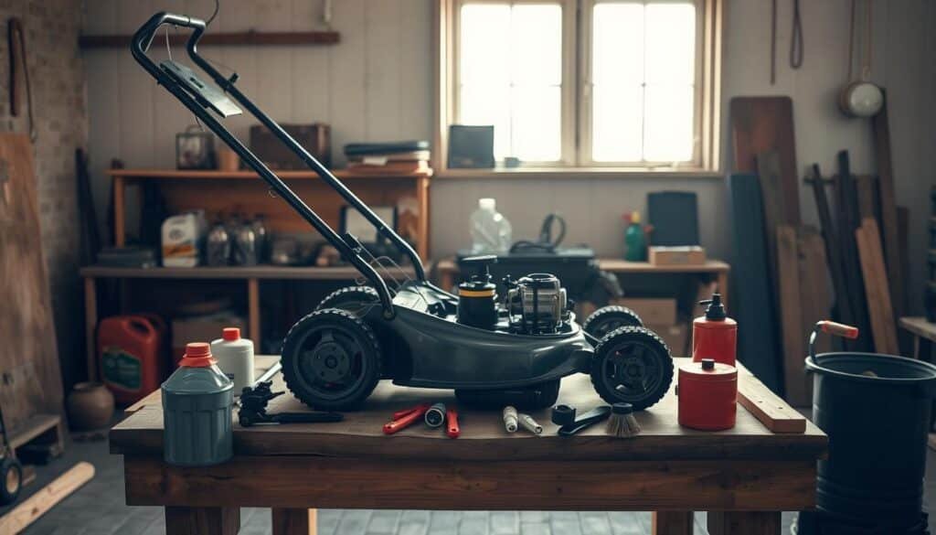 A well-lit workshop interior, with a sturdy wooden workbench at the center. On the bench, a push lawn mower in pristine condition, its components meticulously laid out for a thorough inspection. Surrounding the mower, an array of essential maintenance tools - oil cans, spark plug wrenches, and cleaning brushes, all neatly organized. Soft, natural lighting filters in through large windows, casting a warm, inviting glow across the scene. The overall atmosphere conveys a sense of diligence and care, reflecting the importance of regular mower maintenance to maximize its lifespan.