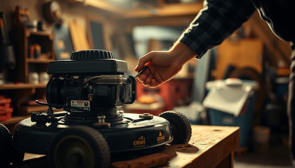 A well-lit workshop interior, with a sturdy wooden workbench in the foreground. On the bench, a lawn mower engine sits open, revealing the oil dipstick. A mechanic's hand carefully checks the oil level, with a focused expression. Soft shadows and warm lighting create an atmosphere of diligent maintenance. The background is blurred, emphasizing the task at hand. The scene conveys the importance of proper lawn mower care and the attention to detail required. A well-lit workshop interior, with a sturdy wooden workbench in the foreground. On the bench, a lawn mower engine sits open, revealing the oil dipstick. A mechanic's hand carefully checks the oil level, with a focused expression. Soft shadows and warm lighting create an atmosphere of diligent maintenance. The background is blurred, emphasizing the task at hand. The scene conveys the importance of proper lawn mower care and the attention to detail required.