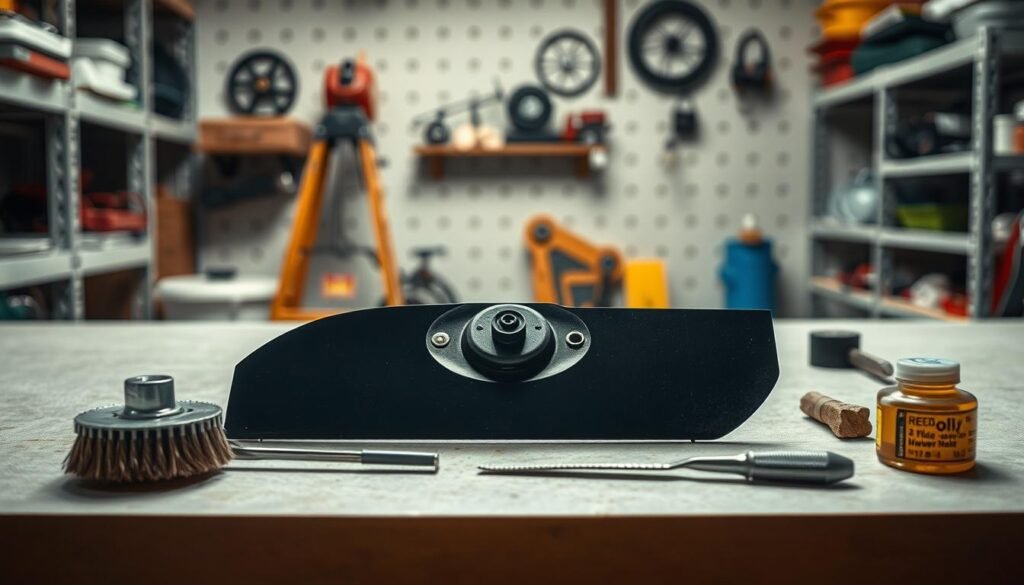 A well-lit workshop setting, with a mower blade positioned prominently on a clean workbench. The blade is surrounded by various maintenance tools, including a sharpening file, a wire brush, and a small container of oil. The lighting is soft and diffused, creating a sense of focus and attention to detail. In the background, shelves hold other mower parts and accessories, hinting at the broader context of lawn care and maintenance. The overall composition conveys a sense of care, expertise, and the importance of proper blade maintenance for optimal lawn performance. A well-lit workshop setting, with a mower blade positioned prominently on a clean workbench. The blade is surrounded by various maintenance tools, including a sharpening file, a wire brush, and a small container of oil. The lighting is soft and diffused, creating a sense of focus and attention to detail. In the background, shelves hold other mower parts and accessories, hinting at the broader context of lawn care and maintenance. The overall composition conveys a sense of care, expertise, and the importance of proper blade maintenance for optimal lawn performance.