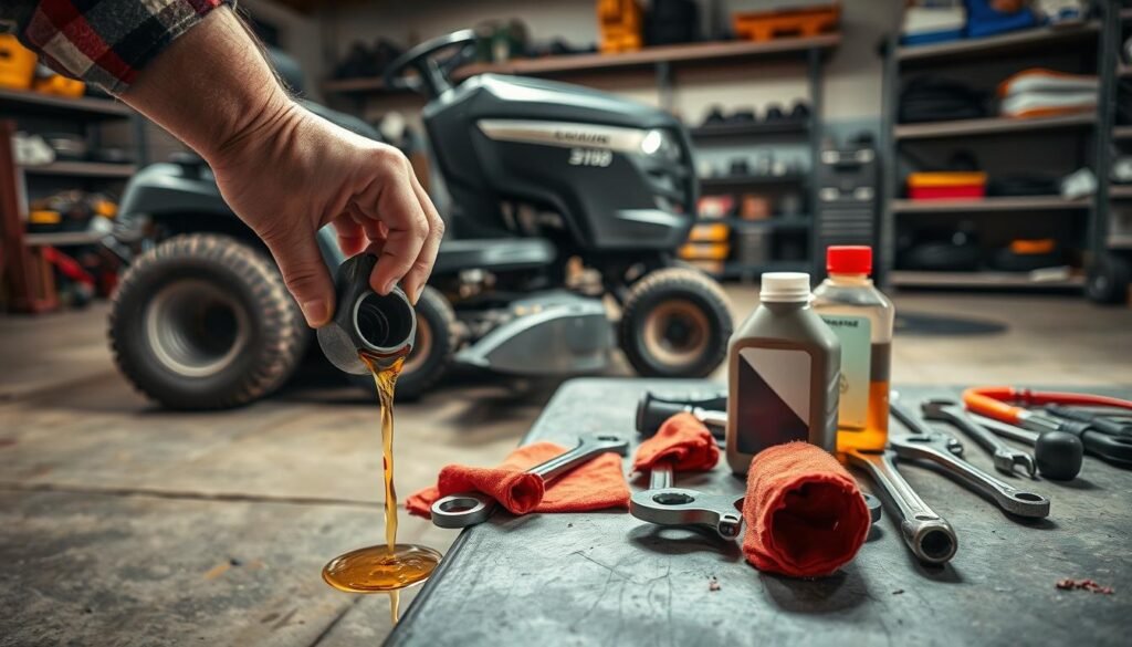 A well-lit workshop setting with a riding lawn mower parked on a concrete floor. In the foreground, a mechanic's hands are opening the oil drain plug, allowing used oil to pour into a catch pan. The middle ground features an array of tools - wrenches, rags, and a new bottle of oil - neatly arranged on a workbench. Soft shadows cast by the overhead lighting create a sense of depth and focus on the detailed process. The background shows shelves stocked with lawn mower parts, creating a professional, automotive repair shop atmosphere. The overall scene conveys a step-by-step visual guide for changing lawn mower oil. A well-lit workshop setting with a riding lawn mower parked on a concrete floor. In the foreground, a mechanic's hands are opening the oil drain plug, allowing used oil to pour into a catch pan. The middle ground features an array of tools - wrenches, rags, and a new bottle of oil - neatly arranged on a workbench. Soft shadows cast by the overhead lighting create a sense of depth and focus on the detailed process. The background shows shelves stocked with lawn mower parts, creating a professional, automotive repair shop atmosphere. The overall scene conveys a step-by-step visual guide for changing lawn mower oil.