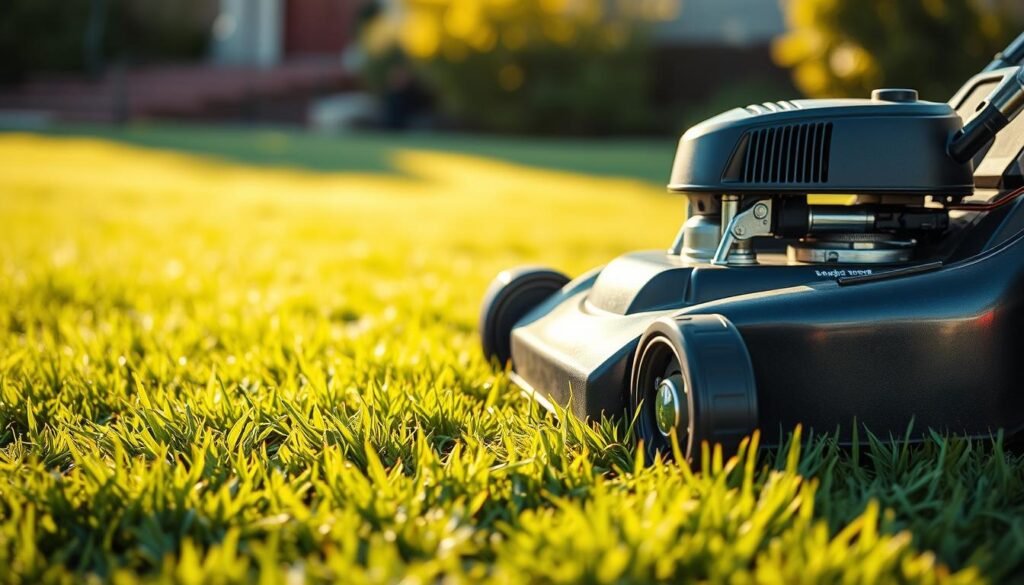 A well-maintained lawn mower, its chrome-plated blades gleaming in the warm afternoon sun, sits poised on a lush, verdant lawn. The mower's sleek, modern design evokes a sense of efficiency and precision, ready to tackle the first mowing of the newly laid sod. The background is softly blurred, allowing the lawn mower to take center stage, highlighting its importance in the task at hand. Subtle shadows cast by the mower create a sense of depth and dimension, while the overall lighting creates a welcoming, inviting atmosphere, perfect for the "Preparing for the First Mow" section of the article. A well-maintained lawn mower, its chrome-plated blades gleaming in the warm afternoon sun, sits poised on a lush, verdant lawn. The mower's sleek, modern design evokes a sense of efficiency and precision, ready to tackle the first mowing of the newly laid sod. The background is softly blurred, allowing the lawn mower to take center stage, highlighting its importance in the task at hand. Subtle shadows cast by the mower create a sense of depth and dimension, while the overall lighting creates a welcoming, inviting atmosphere, perfect for the "Preparing for the First Mow" section of the article.