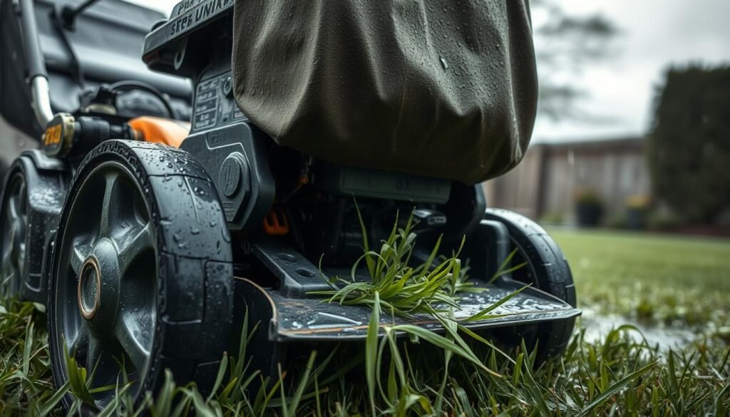 A well-maintained lawn mower operating in a rain-soaked backyard. Close-up view of the mower's undercarriage, blades, and grass collection bag, wet with droplets. Overcast lighting casts a somber, moody atmosphere. The mower is positioned at a slight angle, hinting at the challenges of mowing in wet conditions. Detailed textures of the mower's metal components and the damp grass clippings convey the messy reality of the task. The background is blurred, drawing the viewer's attention to the critical mechanics of the lawn mower's inner workings. A well-maintained lawn mower operating in a rain-soaked backyard. Close-up view of the mower's undercarriage, blades, and grass collection bag, wet with droplets. Overcast lighting casts a somber, moody atmosphere. The mower is positioned at a slight angle, hinting at the challenges of mowing in wet conditions. Detailed textures of the mower's metal components and the damp grass clippings convey the messy reality of the task. The background is blurred, drawing the viewer's attention to the critical mechanics of the lawn mower's inner workings.