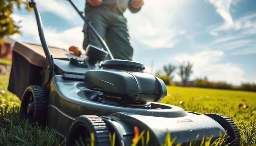 A well-maintained lawn mower stands ready on a lush, verdant lawn. Sunlight filters through wispy clouds, casting a gentle, natural glow. In the foreground, the mower's metal deck and sharp blades gleam, their edges honed to perfection. The air is filled with the fresh scent of freshly cut grass. The mower's fuel tank is topped up, and the air filter has been recently serviced. The operator, clad in a comfortable, protective outfit, inspects the mower, ensuring it is prepared to efficiently mulch the fallen leaves across the neatly trimmed lawn. The scene exudes a sense of order, preparedness, and a commitment to maintaining a healthy, vibrant outdoor space. A well-maintained lawn mower stands ready on a lush, verdant lawn. Sunlight filters through wispy clouds, casting a gentle, natural glow. In the foreground, the mower's metal deck and sharp blades gleam, their edges honed to perfection. The air is filled with the fresh scent of freshly cut grass. The mower's fuel tank is topped up, and the air filter has been recently serviced. The operator, clad in a comfortable, protective outfit, inspects the mower, ensuring it is prepared to efficiently mulch the fallen leaves across the neatly trimmed lawn. The scene exudes a sense of order, preparedness, and a commitment to maintaining a healthy, vibrant outdoor space.