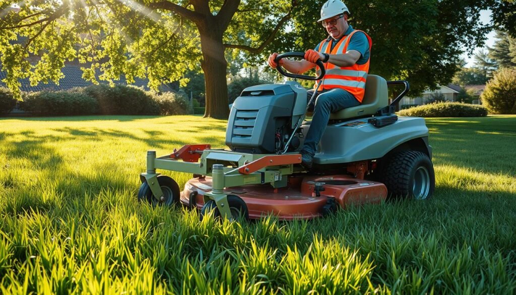 A well-manicured lawn with lush, verdant grass under a bright, sun-dappled sky. In the center, a powerful lawn mower, its metal chassis gleaming, cutting through the damp blades with ease. The operator, clad in a safety vest and gloves, expertly navigates the mower, maintaining control and stability even on the slightly uneven terrain. The mower's sharp blades spin with precision, leaving a neatly trimmed path in its wake. Rays of sunlight filter through the leaves of nearby trees, casting a warm, natural glow over the scene, highlighting the mower's performance and the operator's attentiveness to safety protocols. A well-manicured lawn with lush, verdant grass under a bright, sun-dappled sky. In the center, a powerful lawn mower, its metal chassis gleaming, cutting through the damp blades with ease. The operator, clad in a safety vest and gloves, expertly navigates the mower, maintaining control and stability even on the slightly uneven terrain. The mower's sharp blades spin with precision, leaving a neatly trimmed path in its wake. Rays of sunlight filter through the leaves of nearby trees, casting a warm, natural glow over the scene, highlighting the mower's performance and the operator's attentiveness to safety protocols.