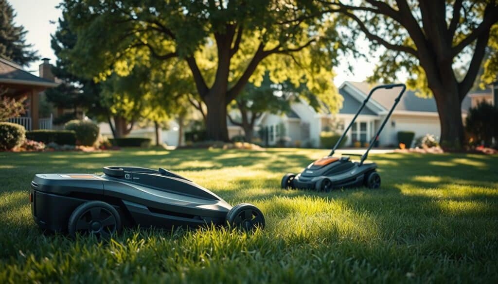 A well-manicured suburban lawn on a sunny afternoon, with a pair of modern, whisper-quiet electric lawn mowers gliding silently across the lush, verdant grass. The mowers feature streamlined, ergonomic designs with minimal noise output, allowing the homeowner to maintain their yard without disturbing the tranquility of the neighborhood. Soft, dappled sunlight filters through the canopy of mature trees, casting gentle shadows across the scene. The atmosphere is one of peaceful coexistence, where the homeowner's lawn care tasks seamlessly integrate with the serene ambiance of the residential setting. A well-manicured suburban lawn on a sunny afternoon, with a pair of modern, whisper-quiet electric lawn mowers gliding silently across the lush, verdant grass. The mowers feature streamlined, ergonomic designs with minimal noise output, allowing the homeowner to maintain their yard without disturbing the tranquility of the neighborhood. Soft, dappled sunlight filters through the canopy of mature trees, casting gentle shadows across the scene. The atmosphere is one of peaceful coexistence, where the homeowner's lawn care tasks seamlessly integrate with the serene ambiance of the residential setting.