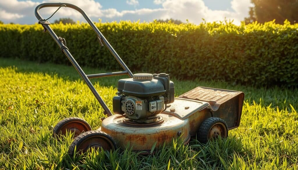 A well-worn, gas-powered push mower rests on a lush, verdant lawn, its once-vibrant paint faded from years of hard work. The mower's sturdy frame and rusting blades suggest a storied lifespan, a testament to the resilience of this humble machine. Sunlight filters through wispy clouds, casting a warm, mellow glow on the scene, hinting at the countless hours of dedicated service the mower has provided. In the background, a neatly trimmed hedge frames the composition, adding a touch of order to the rustic setting. The overall impression conveys the enduring nature of a push mower's lifespan, a reliable companion in the pursuit of a well-manicured lawn. A well-worn, gas-powered push mower rests on a lush, verdant lawn, its once-vibrant paint faded from years of hard work. The mower's sturdy frame and rusting blades suggest a storied lifespan, a testament to the resilience of this humble machine. Sunlight filters through wispy clouds, casting a warm, mellow glow on the scene, hinting at the countless hours of dedicated service the mower has provided. In the background, a neatly trimmed hedge frames the composition, adding a touch of order to the rustic setting. The overall impression conveys the enduring nature of a push mower's lifespan, a reliable companion in the pursuit of a well-manicured lawn.