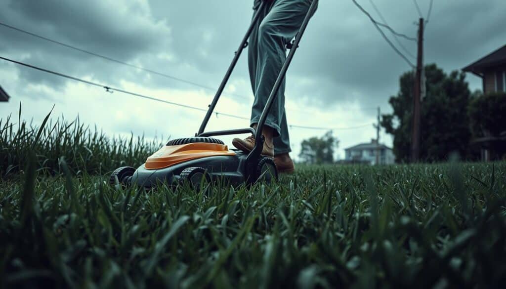 A wet lawn with tall, slick grass is the setting. In the foreground, an unaware person operating a push mower, their feet slipping dangerously on the saturated ground. Midground, electrical cords snaking across the damp grass, posing an electrocution risk. In the background, rain clouds loom, hinting at the storm to come. Muted, overcast lighting casts an ominous tone. The scene conveys the hazardous conditions of mowing after rainfall - compromised footing, electrical dangers, and the threat of worsening weather, all of which could lead to serious injury. A wet lawn with tall, slick grass is the setting. In the foreground, an unaware person operating a push mower, their feet slipping dangerously on the saturated ground. Midground, electrical cords snaking across the damp grass, posing an electrocution risk. In the background, rain clouds loom, hinting at the storm to come. Muted, overcast lighting casts an ominous tone. The scene conveys the hazardous conditions of mowing after rainfall - compromised footing, electrical dangers, and the threat of worsening weather, all of which could lead to serious injury.
