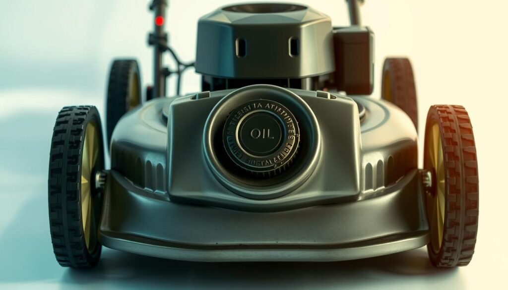 An industrial-style push mower, its metallic chassis gleaming under soft, natural lighting. The mower's oil fill cap is prominently displayed, inviting the viewer to examine its capacity. The mower is set against a clean, uncluttered backdrop, allowing the subject to be the sole focus. The composition emphasizes the mower's functional design and the importance of proper oil maintenance. The overall mood is one of informative simplicity, reflecting the subject matter of the article. An industrial-style push mower, its metallic chassis gleaming under soft, natural lighting. The mower's oil fill cap is prominently displayed, inviting the viewer to examine its capacity. The mower is set against a clean, uncluttered backdrop, allowing the subject to be the sole focus. The composition emphasizes the mower's functional design and the importance of proper oil maintenance. The overall mood is one of informative simplicity, reflecting the subject matter of the article.