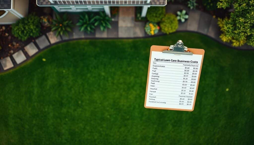 An overhead view of a home lawn with detailed line items for typical lawn care business costs, such as equipment maintenance, fuel, labor, and insurance, displayed on a clipboard or spreadsheet. The background should have a clean, professional atmosphere with soft, even lighting to emphasize the financial aspects. The composition should be balanced and the perspective should provide a clear, legible display of the cost information. The overall mood should convey a sense of organization, efficiency, and attention to detail in running a successful lawn care business. An overhead view of a home lawn with detailed line items for typical lawn care business costs, such as equipment maintenance, fuel, labor, and insurance, displayed on a clipboard or spreadsheet. The background should have a clean, professional atmosphere with soft, even lighting to emphasize the financial aspects. The composition should be balanced and the perspective should provide a clear, legible display of the cost information. The overall mood should convey a sense of organization, efficiency, and attention to detail in running a successful lawn care business.