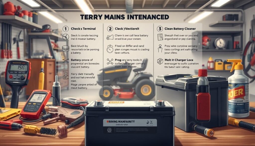Detailed battery maintenance tips in a well-lit, technical illustration. A riding lawn mower battery in the foreground, surrounded by maintenance tools like a voltmeter, wire brush, and battery cleaner. In the middle ground, step-by-step instructions for checking terminals, cleaning corrosion, and proper charging. The background depicts a clean, organized workbench with a riding mower in the distance, conveying a sense of DIY practicality. Rendered in a realistic, engineering-inspired style with emphasis on precise details and functionality. Detailed battery maintenance tips in a well-lit, technical illustration. A riding lawn mower battery in the foreground, surrounded by maintenance tools like a voltmeter, wire brush, and battery cleaner. In the middle ground, step-by-step instructions for checking terminals, cleaning corrosion, and proper charging. The background depicts a clean, organized workbench with a riding mower in the distance, conveying a sense of DIY practicality. Rendered in a realistic, engineering-inspired style with emphasis on precise details and functionality.