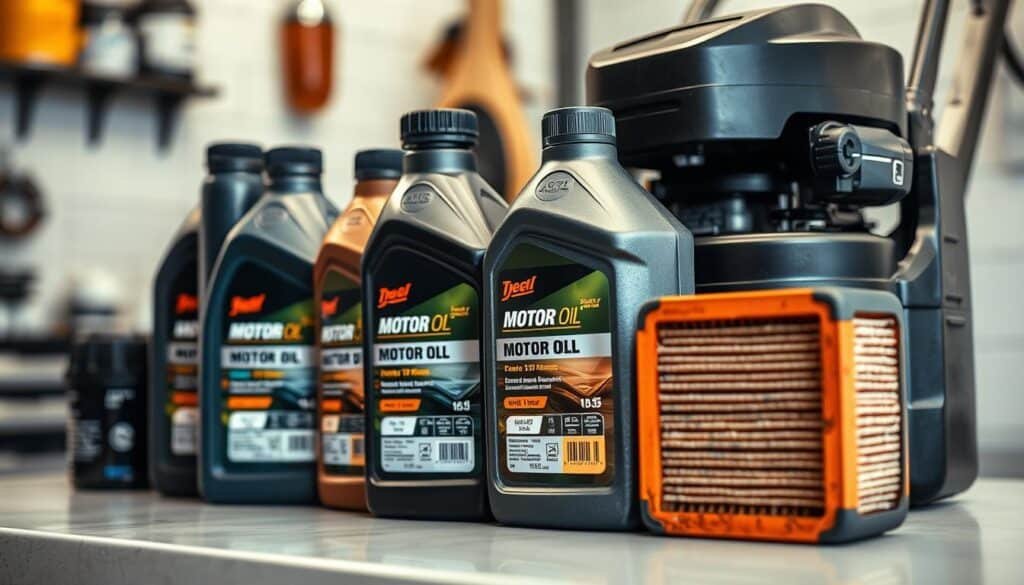 Detailed close-up of an array of different motor oil bottles and engine air filters, neatly arranged on a clean, organized workbench or shop counter. The lighting is soft and diffused, highlighting the textures and colors of the various products. The bottles are prominently displayed, each with clear labels showcasing their respective specifications and viscosity grades. The air filters are positioned alongside, showcasing their intricate designs and materials. The scene conveys a sense of care, attention to detail, and preparedness for properly maintaining and servicing a lawn mower, in line with the subject of the article. Detailed close-up of an array of different motor oil bottles and engine air filters, neatly arranged on a clean, organized workbench or shop counter. The lighting is soft and diffused, highlighting the textures and colors of the various products. The bottles are prominently displayed, each with clear labels showcasing their respective specifications and viscosity grades. The air filters are positioned alongside, showcasing their intricate designs and materials. The scene conveys a sense of care, attention to detail, and preparedness for properly maintaining and servicing a lawn mower, in line with the subject of the article.