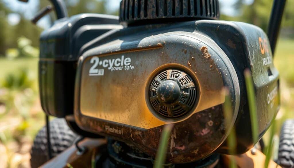 Image of a 2-cycle lawn mower gas tank with oil