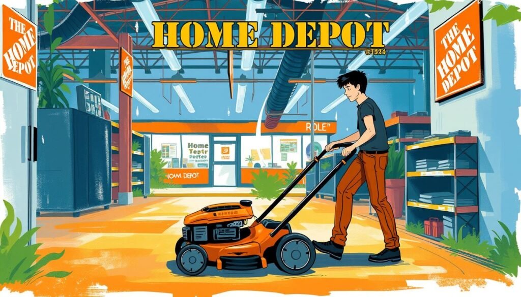 Image of a person renting a lawn mower at a Home Depot store Image of a person renting a lawn mower at a Home Depot store