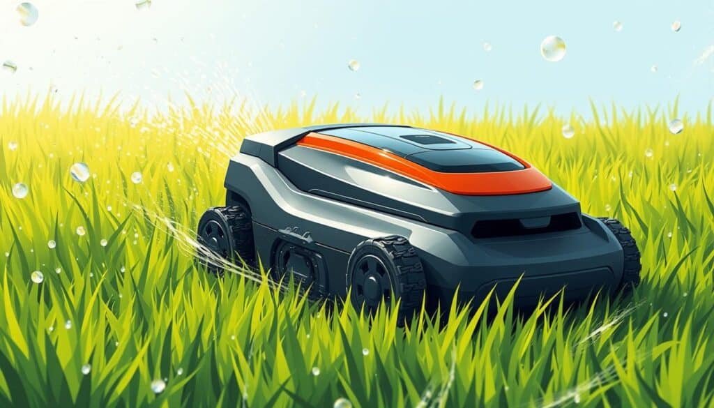Image of a robotic mower on a wet lawn Image of a robotic mower on a wet lawn