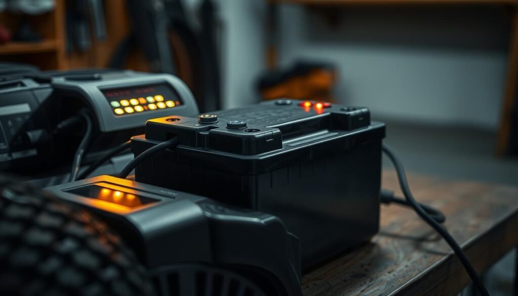 Lawn mower battery charging: a closeup view of a riding mower's battery resting on a workbench, illuminated by soft, warm lighting. The battery's terminals are connected to a sleek, modern charger, its LED indicators glowing softly. The scene is set against a minimalist, clutter-free background, emphasizing the technical focus. The mood is one of quiet, attentive care, reflecting the post-jumpstart procedures required to ensure the mower's readiness for its next use. Lawn mower battery charging: a closeup view of a riding mower's battery resting on a workbench, illuminated by soft, warm lighting. The battery's terminals are connected to a sleek, modern charger, its LED indicators glowing softly. The scene is set against a minimalist, clutter-free background, emphasizing the technical focus. The mood is one of quiet, attentive care, reflecting the post-jumpstart procedures required to ensure the mower's readiness for its next use.