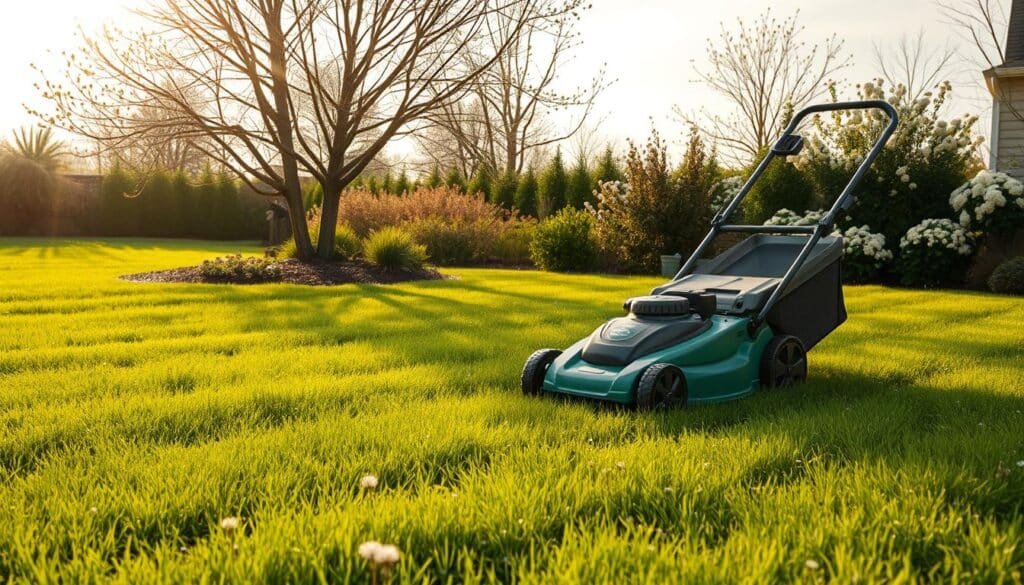 Lush, verdant early spring lawn, freshly mowed, with delicate blossoms of dandelions and clover scattered throughout. A walk-behind lawn mower, its engine rumbling, leaves a crisp, even pattern across the emerald expanse. Warm, diffused sunlight filters through wispy clouds, casting a soft, golden glow. Nearby, flowering trees and shrubs frame the scene, their gentle swaying adding a sense of tranquility. The air is filled with the earthy, grassy scent of newly cut blades. This picturesque early season mowing landscape conveys the promise of a thriving, well-maintained outdoor space. Lush, verdant early spring lawn, freshly mowed, with delicate blossoms of dandelions and clover scattered throughout. A walk-behind lawn mower, its engine rumbling, leaves a crisp, even pattern across the emerald expanse. Warm, diffused sunlight filters through wispy clouds, casting a soft, golden glow. Nearby, flowering trees and shrubs frame the scene, their gentle swaying adding a sense of tranquility. The air is filled with the earthy, grassy scent of newly cut blades. This picturesque early season mowing landscape conveys the promise of a thriving, well-maintained outdoor space.
