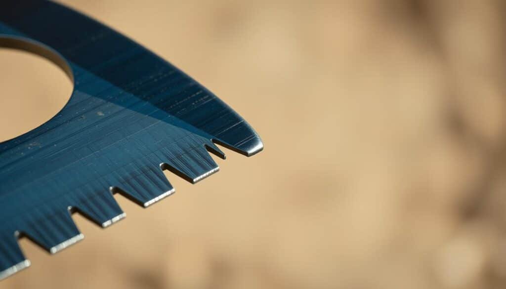 Mower blade cutting edge, close-up view under natural lighting. Razor-sharp steel blade with visible serrated teeth and beveled cutting edge. Metallic sheen and texture captured in high detail, highlighting the blade's precision and durability. Neutral background blurred to emphasize the blade's central focus. Crisp, high-contrast image that conveys the blade's functional purpose and quality. Slight depth of field to showcase the blade's keen cutting edge. Overall, a technical, high-quality visual representation of a freshly sharpened mower blade. Mower blade cutting edge, close-up view under natural lighting. Razor-sharp steel blade with visible serrated teeth and beveled cutting edge. Metallic sheen and texture captured in high detail, highlighting the blade's precision and durability. Neutral background blurred to emphasize the blade's central focus. Crisp, high-contrast image that conveys the blade's functional purpose and quality. Slight depth of field to showcase the blade's keen cutting edge. Overall, a technical, high-quality visual representation of a freshly sharpened mower blade.