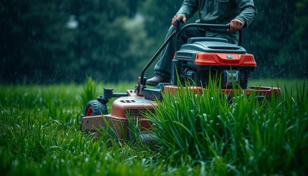 Mowing wet grass, raindrops glistening on the freshly cut blades. A sturdy lawn mower cutting through the damp vegetation, its engine's hum echoing across the lush, verdant landscape. The operator, clad in a rain jacket, navigates the uneven terrain with focused determination, guiding the machine with precision. Soft, diffused lighting illuminates the scene, creating a sense of tranquility amidst the light rain. The background is blurred, emphasizing the centrality of the mowing task at hand. A serene and atmospheric moment, capturing the essence of tackling yard work during inclement weather. Mowing wet grass, raindrops glistening on the freshly cut blades. A sturdy lawn mower cutting through the damp vegetation, its engine's hum echoing across the lush, verdant landscape. The operator, clad in a rain jacket, navigates the uneven terrain with focused determination, guiding the machine with precision. Soft, diffused lighting illuminates the scene, creating a sense of tranquility amidst the light rain. The background is blurred, emphasizing the centrality of the mowing task at hand. A serene and atmospheric moment, capturing the essence of tackling yard work during inclement weather.