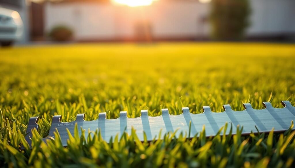 Sharply honed mower blades, their metallic edges glistening under warm, directional lighting. The blades are positioned in the foreground, their serrated profile casting crisp shadows on a freshly laid sod lawn that stretches into the middle ground. The background is softly blurred, allowing the viewer to focus on the essential preparation tools required for maintaining pristine new turf. The overall scene conveys a sense of precision, care, and the importance of proper mowing techniques to ensure the healthy growth of the recently installed sod. Sharply honed mower blades, their metallic edges glistening under warm, directional lighting. The blades are positioned in the foreground, their serrated profile casting crisp shadows on a freshly laid sod lawn that stretches into the middle ground. The background is softly blurred, allowing the viewer to focus on the essential preparation tools required for maintaining pristine new turf. The overall scene conveys a sense of precision, care, and the importance of proper mowing techniques to ensure the healthy growth of the recently installed sod.