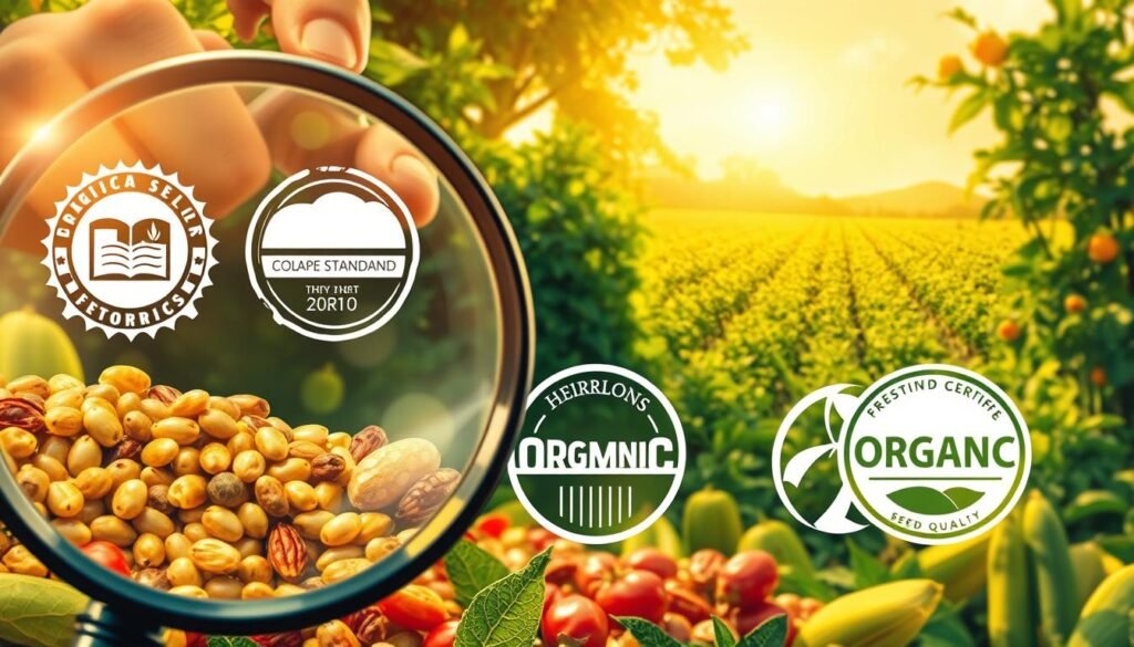 A beautifully detailed illustration of organic certification and seed quality standards. In the foreground, a magnifying glass inspects the intricate textures of heirloom seeds, their vibrant colors and patterns. In the middle ground, official organic seals and certifications shine against a backdrop of lush, verdant foliage. In the distant background, a sun-dappled field of thriving crops conveys a sense of natural abundance and environmental harmony. Warm, golden lighting casts a soft, inviting glow over the scene, creating an atmosphere of trust, quality, and sustainability. A beautifully detailed illustration of organic certification and seed quality standards. In the foreground, a magnifying glass inspects the intricate textures of heirloom seeds, their vibrant colors and patterns. In the middle ground, official organic seals and certifications shine against a backdrop of lush, verdant foliage. In the distant background, a sun-dappled field of thriving crops conveys a sense of natural abundance and environmental harmony. Warm, golden lighting casts a soft, inviting glow over the scene, creating an atmosphere of trust, quality, and sustainability.