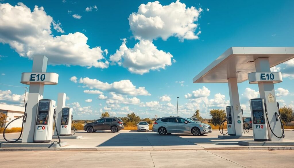 A brightly lit, modern E10 fuel station with multiple pumps in the foreground. The pumps have clear signage displaying "E10" and are surrounded by a clean, well-maintained concrete apron. In the middle ground, there are several cars parked at the station, their drivers refueling their vehicles. The background features a clear blue sky with fluffy white clouds, creating a pleasant, inviting atmosphere. The scene is captured from a slightly elevated angle, highlighting the sleek, contemporary design of the fuel station. The lighting is natural, with the sun casting a warm glow over the entire scene, creating a welcoming and accessible environment for lawn mower owners to refuel their equipment. A brightly lit, modern E10 fuel station with multiple pumps in the foreground. The pumps have clear signage displaying "E10" and are surrounded by a clean, well-maintained concrete apron. In the middle ground, there are several cars parked at the station, their drivers refueling their vehicles. The background features a clear blue sky with fluffy white clouds, creating a pleasant, inviting atmosphere. The scene is captured from a slightly elevated angle, highlighting the sleek, contemporary design of the fuel station. The lighting is natural, with the sun casting a warm glow over the entire scene, creating a welcoming and accessible environment for lawn mower owners to refuel their equipment.