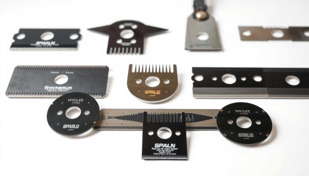 A close-up of a set of lawn mower blades set against a bright, evenly lit background. The blades are sharp, shiny, and meticulously detailed, showcasing their variety in size, shape, and design. In the middle ground, a selection of blade types from different brands are arranged, highlighting their distinct features and dispelling the myth of universal interchangeability. The background is clean and uncluttered, allowing the blades to be the sole focus, conveying a sense of clarity and authority on the subject matter. The lighting is soft and diffused, creating shadows that emphasize the blades' contours and the differences between them. The overall mood is one of informative, technical precision, inviting the viewer to closely examine the diverse range of lawn mower blade options. A close-up of a set of lawn mower blades set against a bright, evenly lit background. The blades are sharp, shiny, and meticulously detailed, showcasing their variety in size, shape, and design. In the middle ground, a selection of blade types from different brands are arranged, highlighting their distinct features and dispelling the myth of universal interchangeability. The background is clean and uncluttered, allowing the blades to be the sole focus, conveying a sense of clarity and authority on the subject matter. The lighting is soft and diffused, creating shadows that emphasize the blades' contours and the differences between them. The overall mood is one of informative, technical precision, inviting the viewer to closely examine the diverse range of lawn mower blade options.