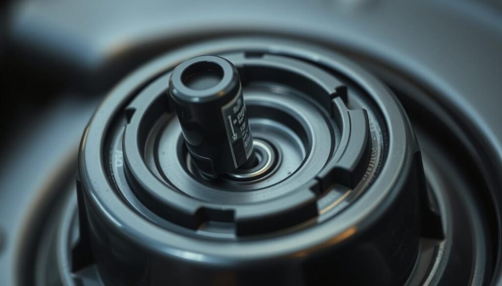 A close-up view of a fuel cap on a lawnmower, with the cap open to reveal the vent mechanism. The vent is clearly visible, with a slender tube extending from the cap. The image is well-lit, showcasing the intricate details of the vent structure and the surrounding metallic surfaces. The depth of field is shallow, focusing the viewer's attention on the vent and creating a clean, minimalist composition. The overall mood is one of technical precision and attention to detail, conveying the importance of maintaining this critical component for proper fuel system operation. A close-up view of a fuel cap on a lawnmower, with the cap open to reveal the vent mechanism. The vent is clearly visible, with a slender tube extending from the cap. The image is well-lit, showcasing the intricate details of the vent structure and the surrounding metallic surfaces. The depth of field is shallow, focusing the viewer's attention on the vent and creating a clean, minimalist composition. The overall mood is one of technical precision and attention to detail, conveying the importance of maintaining this critical component for proper fuel system operation.