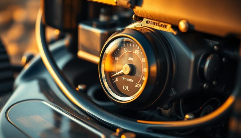 A close-up view of a lawn mower engine, showcasing the oil temperature gauge and surrounding components. The engine is bathed in warm, golden lighting, casting subtle shadows that highlight the intricate mechanics. The gauge's needle gently points to an optimal temperature range, indicating the ideal operating conditions for the engine's oil. The background is blurred, allowing the viewer to focus on the technical details of the lawn mower's oil temperature monitoring system. The overall scene conveys a sense of precision, efficiency, and the importance of maintaining proper oil temperature for optimal lawn mower performance. A close-up view of a lawn mower engine, showcasing the oil temperature gauge and surrounding components. The engine is bathed in warm, golden lighting, casting subtle shadows that highlight the intricate mechanics. The gauge's needle gently points to an optimal temperature range, indicating the ideal operating conditions for the engine's oil. The background is blurred, allowing the viewer to focus on the technical details of the lawn mower's oil temperature monitoring system. The overall scene conveys a sense of precision, efficiency, and the importance of maintaining proper oil temperature for optimal lawn mower performance.